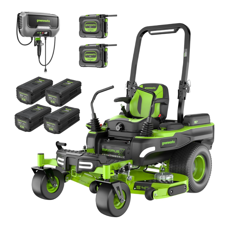 Greenworks 54in 80V Zero-Turn Riding Lawn Mower MaximusZ Fast Charging with (2) 16.0Ah + (4) 6.0Ah Batteries &amp;amp; 1.5kW Charger