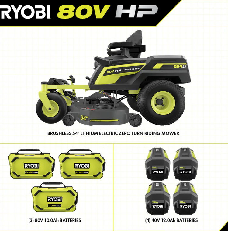 RYOBI 80V HP Brushless 54 in. Battery Electric Cordless Zero Turn Mower &amp;amp; Mulch Kit - View 2